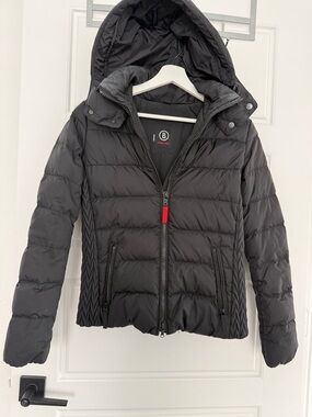 Bogner Black Quilted Hooded Puffer Jacket with Red Zip Tab